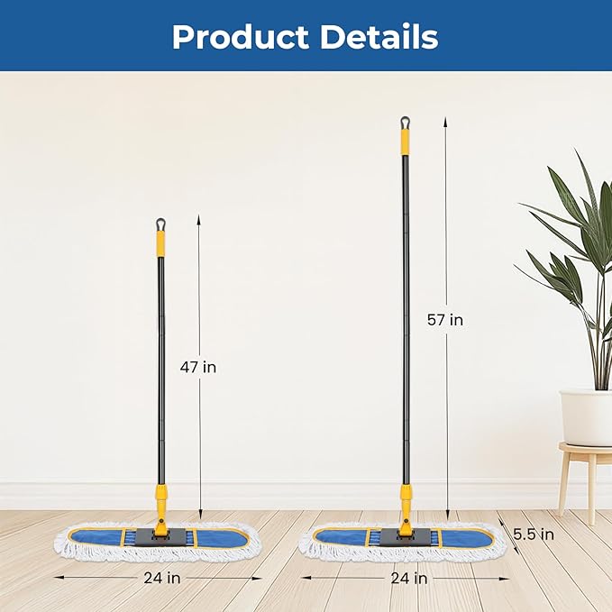 24 Dust Mop for Floor Cleaning Large Areas Dry &amp Wet Mop with 2 Washable Cotton Pads Efficiently Picks Up Pet Hair &amp Dust for Hardwood Tile Laminate Patio