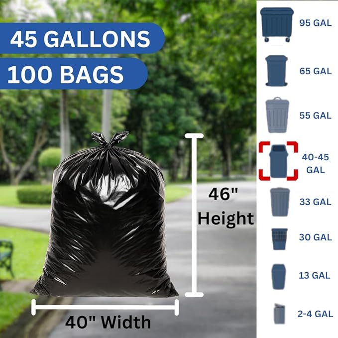 ASSUREPAK Black Trash Bags for Home Kitchen and Retail - 45 Gallons - 100 Bags - Coreless - 40x46 - 1.3 mil thick