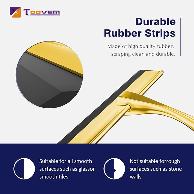 TOOVEM 12 Inch Shower Squeegee for Glass Doors Window Bathroom Car Windshield Shower Cleaning Tools with S Hook Square Sticky Hook（Gold）