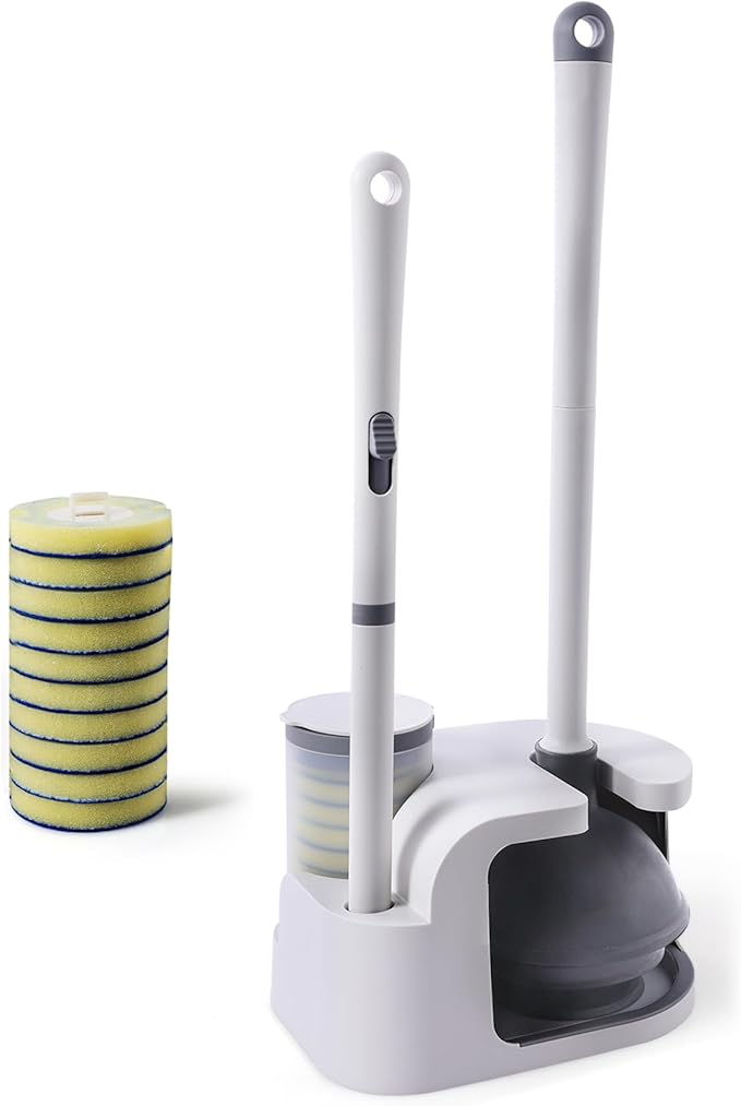 Eyliden Disposable Toilet Brush and Plunger Combo | 2-in-1 Toilet Bowl Wand Kit - 10 Count Pre-Soaked Refill Heads 3-Step Plunger Storage Holder - Compact Toilet Cleaning System (White)