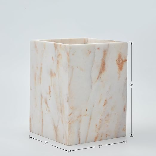 Elegant White Gold Marble Wastebasket Trash Can 7 X 7 X 9 Rectangular Trash Can with Natural Veining Marble Basket for Bathroom Bedroom Powder Room