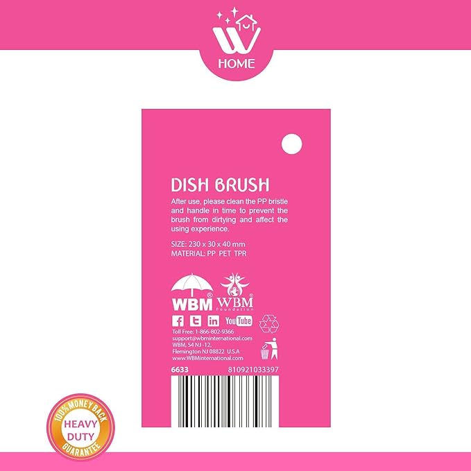 Natural Solution WBM Home Dish Brush 3-Pack Pink Nylon Bristles &amp Handle Kitchen &amp Bathroom Cleaning Brushes