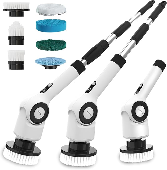 Electric Spin ScrubberCordless Cleaning Brush with 8 Replaceable Brush Heads360°Power Scrubber for Tub and Floor Tilewith 3 Adjustable Speed &amp Rotatable &amp Detachable Handle for Bathroom Kit
