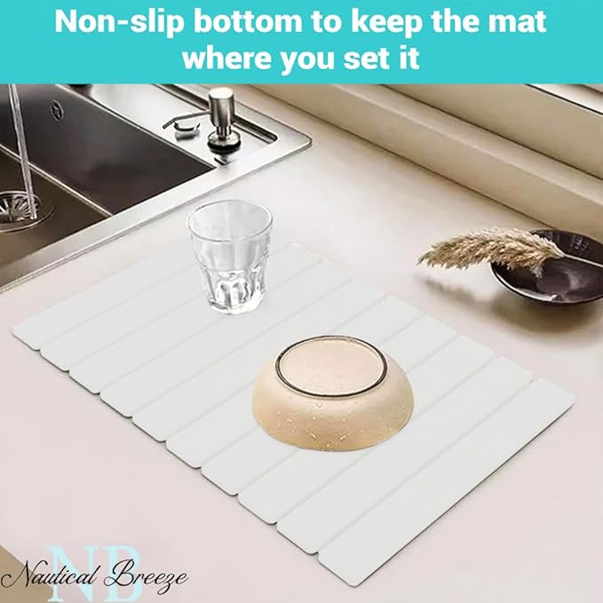 Roll-Up Stone Mat - Premium Diatomaceous Earth Dish Drying Rack Water Absorbent Roll-Out Dish Drying Mat for Kitchen Countertops Eco-Friendly Quick-Dry Surface White