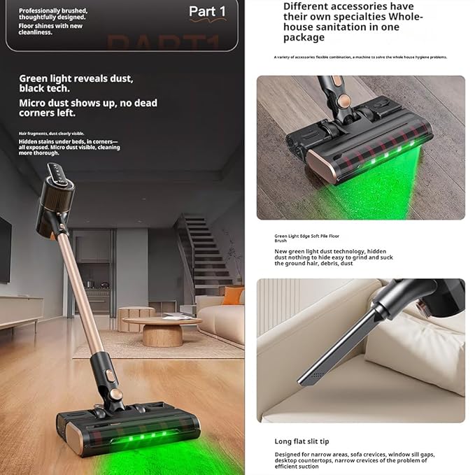 Cordless Vacuum Cleaner 15KPA Strong Suction 2-in-1 Vacuum Mop Combo with Green Light Dust Detection 3 Modes for Home Hard Floor Carpet Long Battery Life Smart LED Display (Greyish-Green)