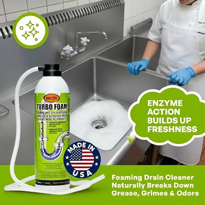 TurboFoam Drain Foam Cleaner Expanding Enzyme Formula Deep-Cleans Pipes Dissolves Fat Oil &amp Grease Stops Odors at the Source – Safe for All Plumbing &amp Septic Systems (Pack of 1)