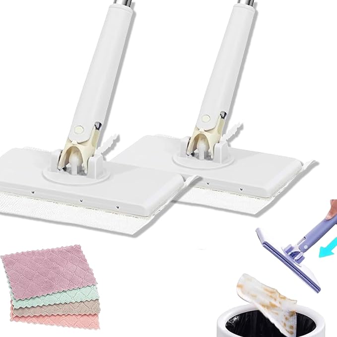 Lazy Mop Wet and Dry Clip No Wash Disposable Dust Push Pull Mini Mop Zero Touch Clever Automatic Cloth Changing Mops with 4 Reusable Cloths for Home (White2)