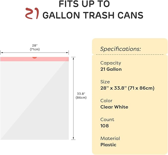 21 Gallon Trash Bags XL-Large Garbage Bags with Drawstring 108 Count Heavy Duty Trash Can Liners for Kitchen Office Yard Commercial Use Clear