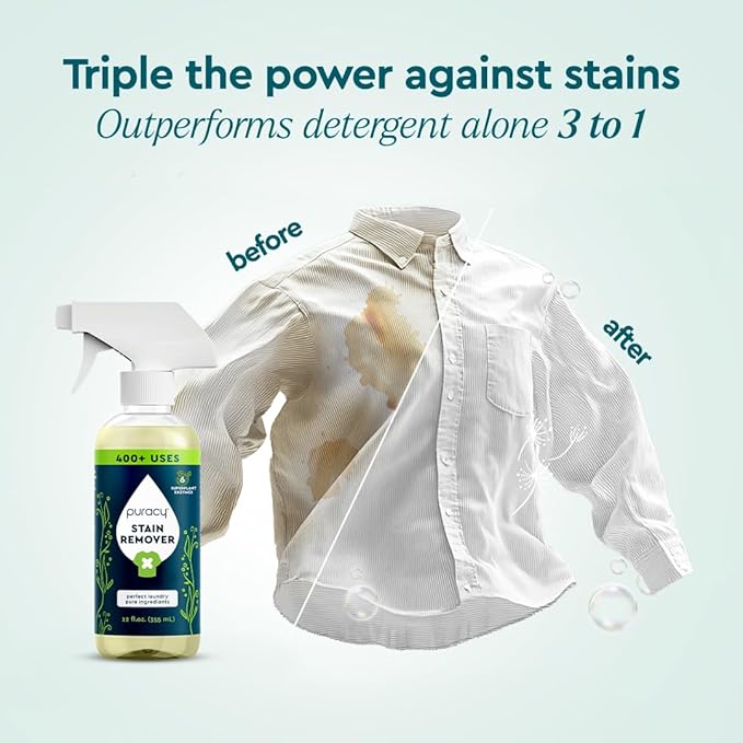 Puracy 12oz Stain Remover Laundry Stain Remover Spray for Clothes Enzyme-powered Natural Liquid Laundry Detergent 48oz Refill Free &amp Clear 12oz &amp Fresh Linen 48oz Bundle