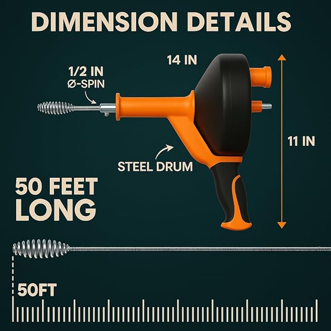 50 FT Drain Snake Hair Drain Clog Remover Manual Or Powered Plumbing Snake With Drill AdapteUnclog Sink Drain Tool Drain Auger for Toilet、Shower、Kitchen、Sink No Auto Retract Or Feed Orange