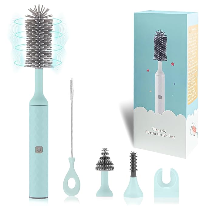 Electric Bottle Brush 4 Piece Bottle Brush Set with Baby Bottle Brush Cleaner Nipple Brush Pacifier Cleaner Straw Cleaner Brush Gifts for Newborns and Mothers Blue