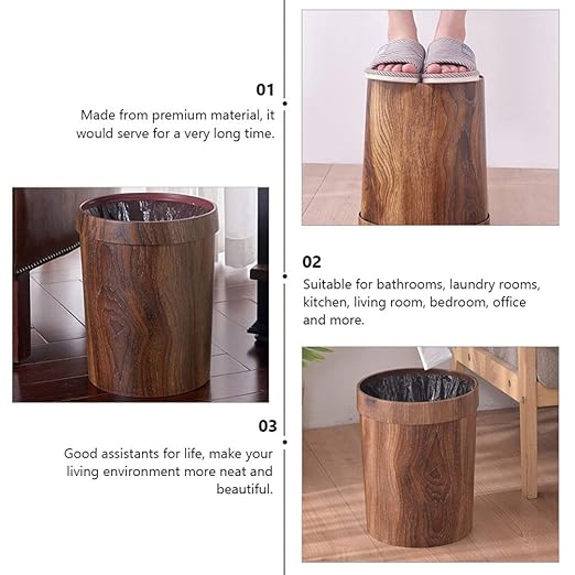 Hemoton Decorative Trash Can Plastic Wood Small Round Wastebasket Bamboo Garbage Container Bin Trash Can Pail for Bathroom Kitchen Office