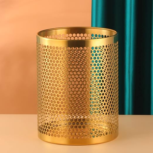 Mesh Wastebasket Round Mesh Stainless Steel Wastebasket Trash Can Recycling Bin for Home Office Bathroom Bedroom &amp Kitchen 3.5 Gallon / 12L 11 H x 10 D Garbage Can-Gold