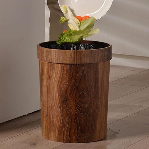Wood Grain Trash Bin 14L Vintage Round Garbage Can with Press Ring for Hotel Rooms Bedroom Office and Bathroom Wastebasket