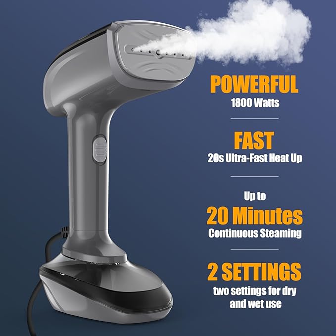 Powerful Handheld Fabric Steamer - 1800W with Fast Ceramic Heat-Up Plate 2-in-1 Ironing &amp Wrinkle Remover Steam Nozzle Lint Brush - Gray for US 120V Only