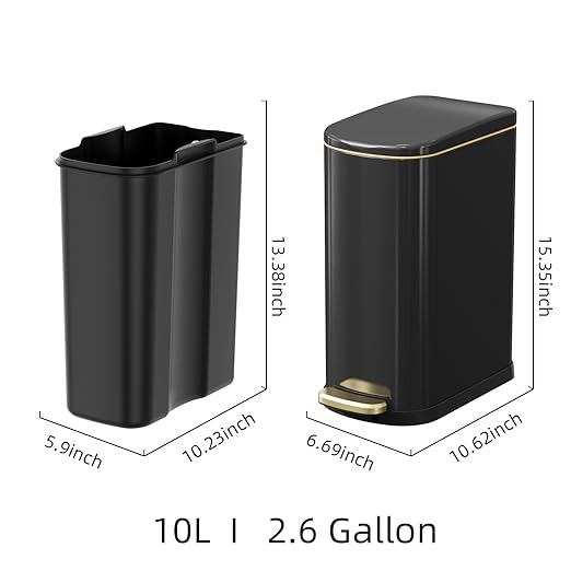 2.6 Gallon Slim Bathroom Trash Can with Soft-Close Foot Pedal 10L Stainless Steel Garbage Can with Removable Liner Bucket for Narrow SpacesBathroom Bedroom (Titanium Black)