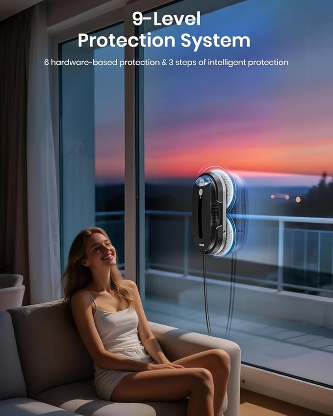 BNZ Smart Window Cleaning Robot Twin Turbo &amp Dual Auto-Spray Window Cleaner with Multiple Safety System AI Path Planning Frameless Edge Detection K1 (Matt Black)