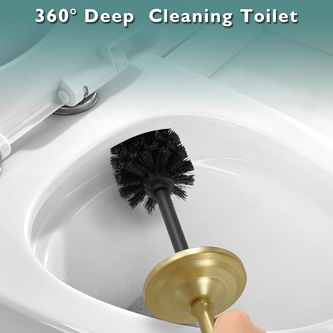 Gold Toilet Brush and Holder Set Stainless Steel Toilet Brush for BathroomHeavy Duty Gold Toilet Bowl Brush and HolderDeep Cleaning Modern Toilet Cleaner Brush -Space Saving Covered Brush Durable