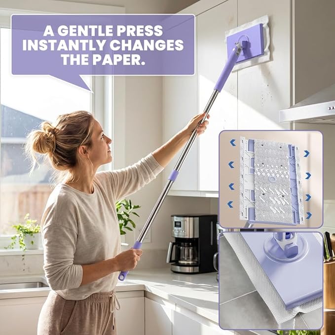 2026 Snap Grip Mini Mop Upgraded with 10 Pads| Zero Touch Hands-Free Cleaning Mop|27.5” &amp 36.5” Adjustable Handle Flat Dust Mop for BathroomCornersWindows|No Wash Wet &amp Dry Use (27.5”Purple
