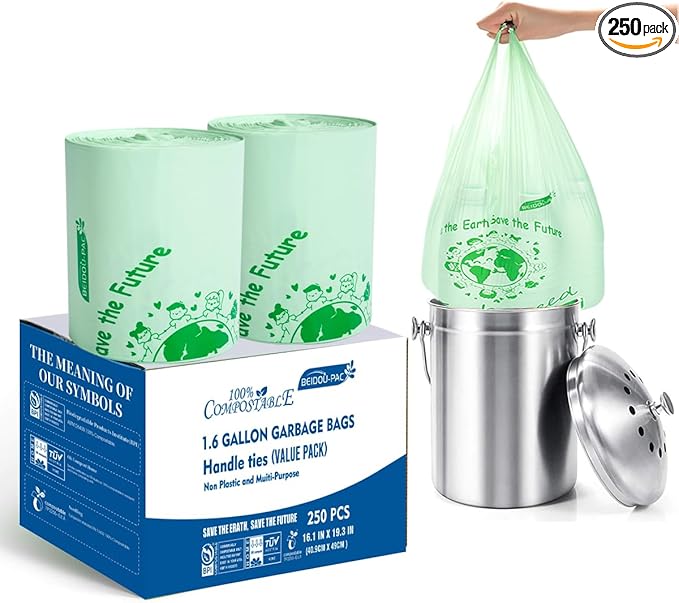 1.6 Gallon Compostable Trash Bags with Handle 250 Count Small Compost Bags Biodegradable Kitchen Garbage Bags Food Scrap Waste Bags for Countertop Bin ASTM D6400 US BPI Certified
