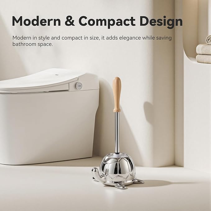Toilet Brush and Holder Set Ceramic Turtle Base Toilet Brush Set - 7.5” Bowl Cleaner Toilet Scrubber Brush with Ergonomic Handle (Silver)