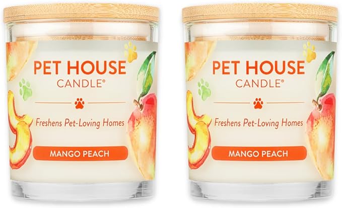 Pet House Candles Plant-Based Clean Burning Long Lasting Pet Odor Candles for Home 60 Hour Burn Time with a Natural Fiber Wick - Mango Peach 2 Pack