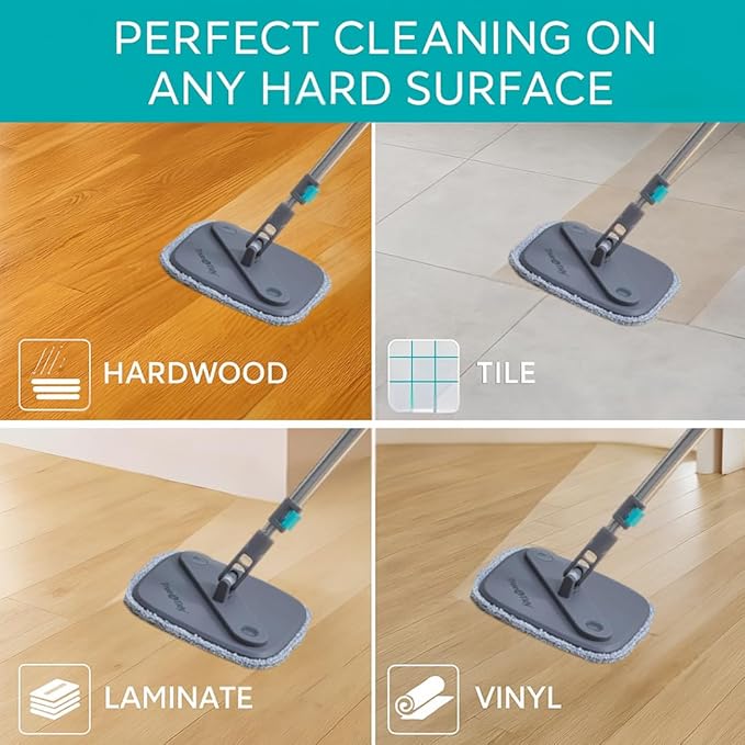 TRUE &amp TIDY Square Spin Mop &amp Bucket System – Dual Chamber for Clean &amp Dirty Water 360° Rotating Self-Wringing Mop with Built-in Scrub Brush Stainless Steel Handle &amp 2 Reusable Micro