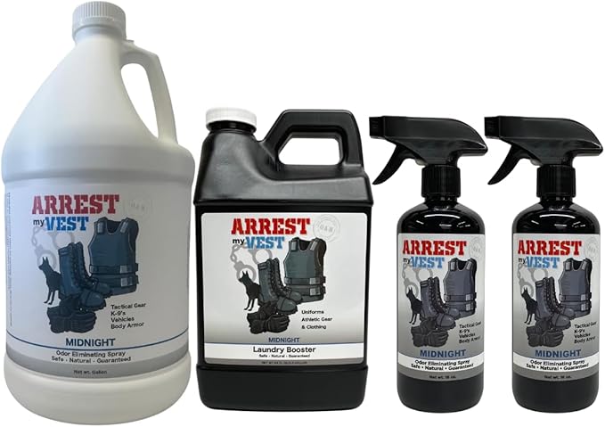Arrest My Vest Military Grade Laundry Booster &amp Odor Eliminating Spray for Body Armor Uniforms Tactical Gear Ballistic Vests etc. Midnight Fragrance 1 Laundry Booster 1 Gallon 2 16 oz Bottle