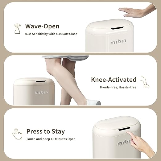 MRBIN Automatic Adsorption Metal Trash Can for Bathroom Touchless Garbage Bin with Lid 4.8 Gallon Slim Trash Can for Office and Bedroom Kitchen Electric Motion Sensor Waste Basket Cream White