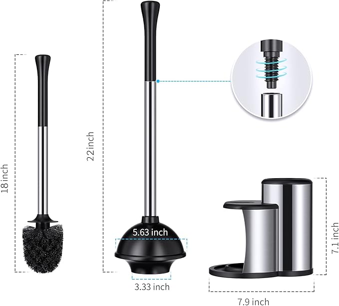 HAMITOR Toilet Plunger Bowl Brush Set: Hideaway Heavy Duty Toilet Plunger Scrubber Cleaner Holder Combo for Bathroom with Covered Caddy Hidden Elongated Discreet Apartment Plunger Brush Accessories