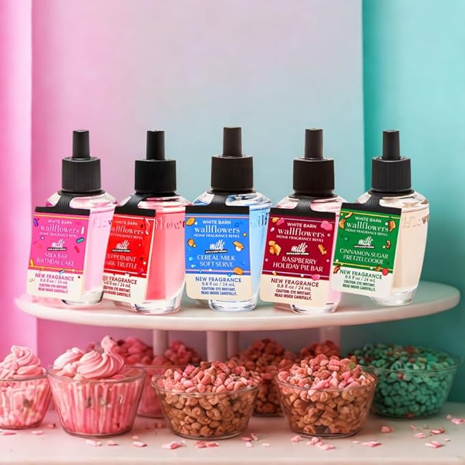 Bath &amp Body Works Wallflowers Refills MILK BAR Collection 2025 5pc Gift Set w/ 30-Inch Metallic Gold &amp Silver Striped Bow – Birthday Cake Cereal Milk Raspberry Pie Peppermint Bark &amp Cin