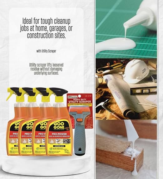 4x Goo Gone Pro-Power Gel Adhesive Remover 24 oz Bundle with Utility Scraper – Clings to and Lifts Sticky Residue Grease and Grime from Surfaces – Gift Set (5 Items).