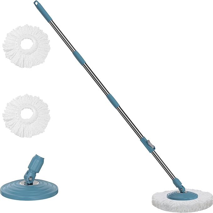 Stainless Steel Extendable Mop Handle with 2 Microfiber Replacement Heads &amp 360° Rotating Base Plate — Fits Standard Mop Buckets -Navy Blue