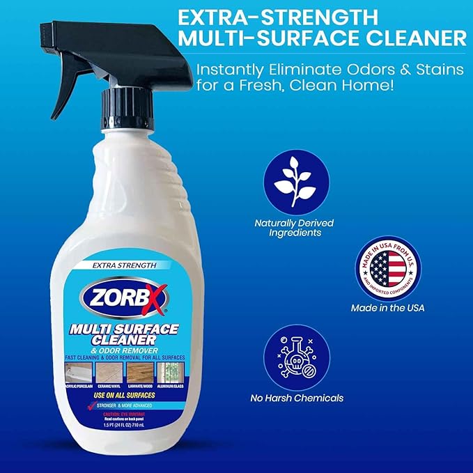 ZORBX Extra-Strength Multi Surface Cleaner 24 oz - Get Rid of Unpleasant Odors and Unwanted Stains Instantly - Citrus Scented Fast-acting Furniture Cleaner - Multipurpose Cleaner Spray