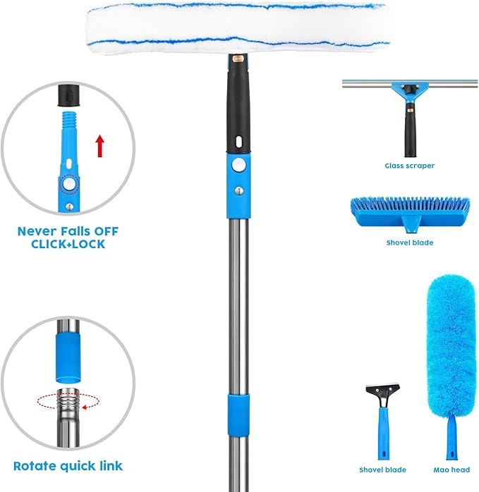 Window Squeegee5 in 1 Bendable Head Window Squeegee for Home61''Extension PolesBendable Head car Window Cleaner ToolSqueegee for Shower Glass（Blue）