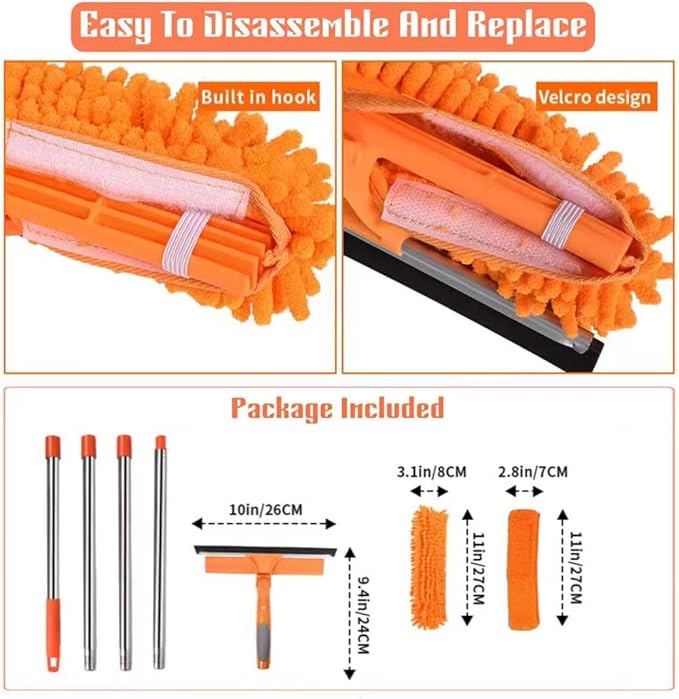 Window Squeegee Cleaner Kit - 2-in-1 Rotatable Window Cleaning Tool with Extension Pole Professional Streak-Free Squeegee with Bendable Head for Indoor/Outdoor Windows &amp Car Glass (Orange 38.45F