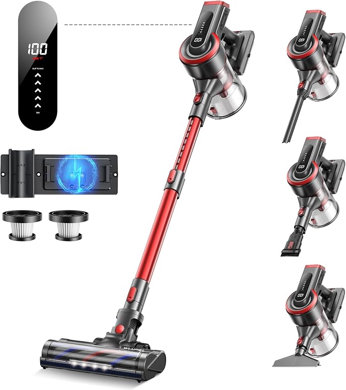WLUPEL Cordless Vacuum Cleaner 450W/38Kpa Vacuum Cleaners for Home with LED Screen Up to 55 Mins Runtime 1.2L Dust Cup Anti-Tangle Stick Vacuum for Pet Hair Carpet and Hardfloor