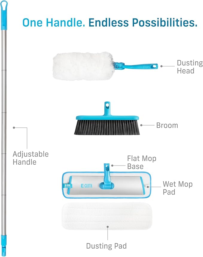 E-Cloth Easy-Click Home Cleaning Supplies Set - Dust Broom &amp Flat Mop Kit for Floor Cleaning Wall Ceiling &amp Floor Duster Adjustable Handle Interchangeable Heads Washable Pads No Refills