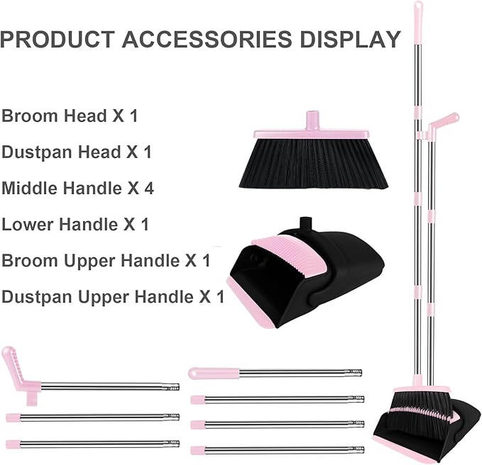Pink Broom with Dustpan Combo Set 51 Long Handle Household Cleaning Tool Ideal Broom and Dustpan Set for Pet Hair and Home Use