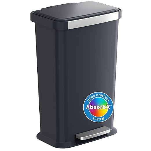 iTouchless SoftStep 13.2 Gal / 50L Step Pedal Kitchen Trash Can with Odor Filter Durable Dent-Proof Construction Stainless Steel Trim Garbage Bin with Lid for Home Office Bedroom Black Plastic