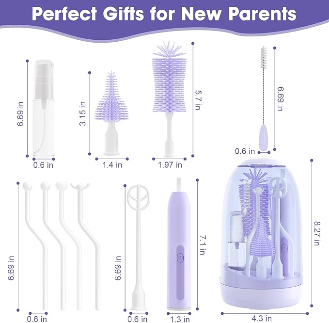 Electric Bottle Brush CleanerElectric Baby Bottle Brush Cleaner with Silicone Nipple&ampStraw BrushSoap DispenserDrying Rack-WaterproofLong Battery LifeTravel Bottle Cleaner Kit for Babies