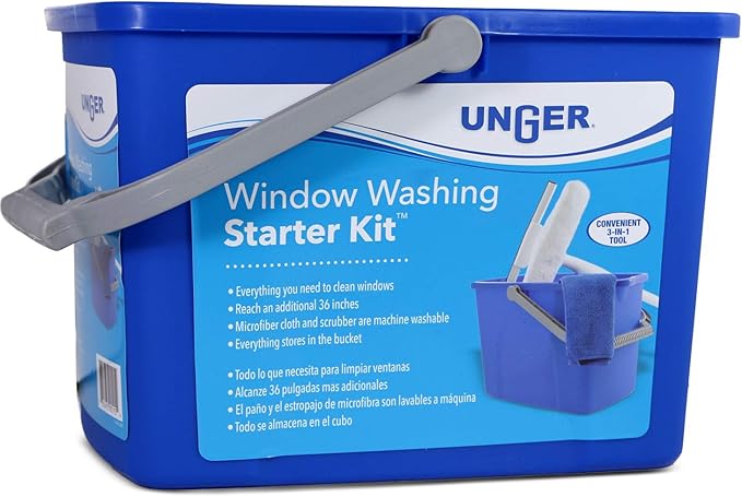 UNGER Window Washing Starter Kit with 2-in-1 10 Microfiber Combi 3 ft Pole Cloth and Bucket + 32 oz Streak-Free EasyGlide Glass Cleaner Concentrate