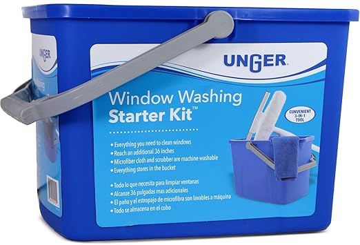 Unger - 978902 Window Washing Starter Kit with 2-in-1 Microfiber Combi Collapsible Pole Microfiber Cloth and Bucket