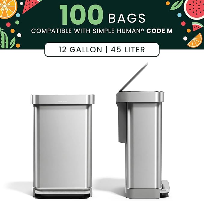 Bags for Code M simplehuman Step Garbage Cans | Extra Thick Trash Liner with 45 Liter Capacity and Folded Drawstring | 100 Unscented Bags