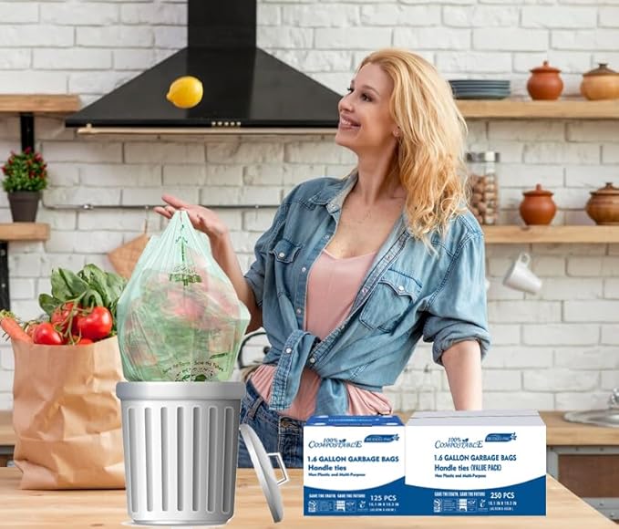 1.6 Gallon Compostable Trash Bags with Handle 250 Count Small Compost Bags Biodegradable Kitchen Garbage Bags Food Scrap Waste Bags for Countertop Bin ASTM D6400 US BPI Certified