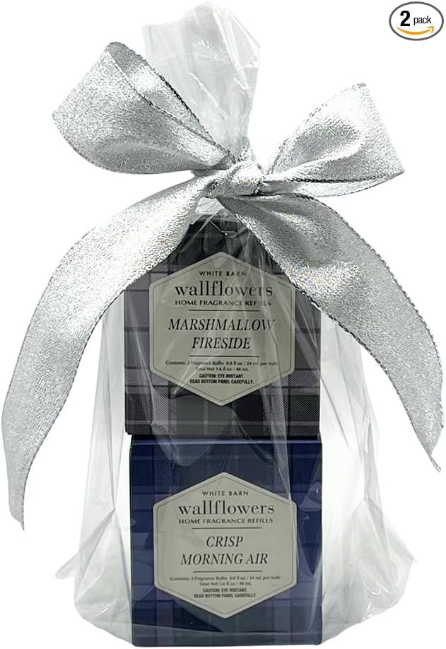 Bath &amp Body Works Wallflowers Refills Autumn Fragrance 4-Bulb Bundle – Marshmallow Fireside &amp Crisp Morning Air Gift Set with 30-Inch Metallic Silver Ribbon Bow – 2-Pack Each Box