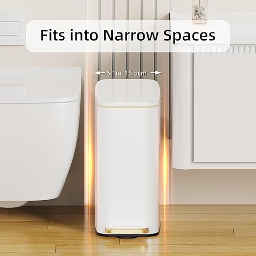 Small Bathroom Trash Can with Lid Soft Close Step Pedal 6L / 1.6 Gal Stainless Steel Garbage Bin with Removable Inner Bucket Slim Wastebasket for Narrow Spaces (White)