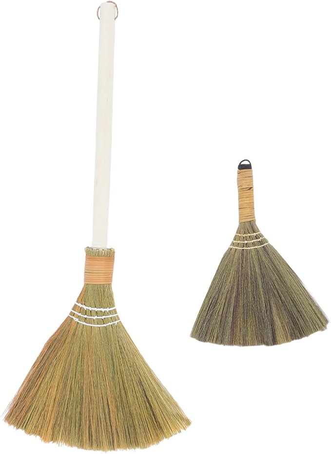 Cabilock Handmade Soft Bristle Broom Set 2pcs Detachable Natural Grass Dust Sweeping Tool for Indoor Cleaning for Living Room and Home Dust Removal