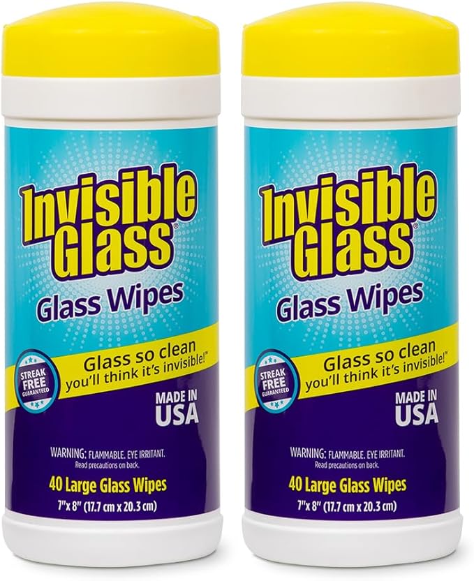 Invisible Glass 90160-2PK Glass Cleaning Wipes Pre-Moistened Streak-Free and Lint-Free Safe for Windows Mirrors Windshields and Tinted Glass 40 Count (Pack of 2)