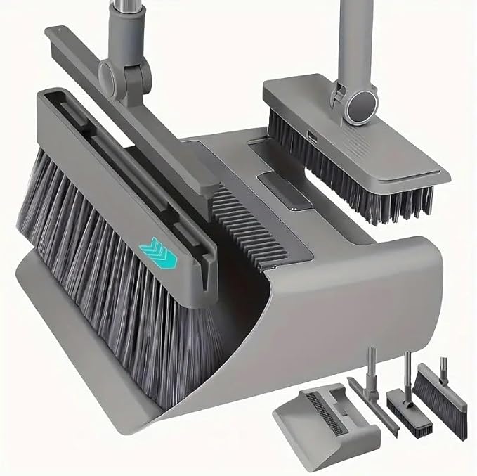 SDSM 4 in 1 Multifunctional Broom and Dustpan Combo Set Heavy Duty Brooms with 52 Long Handle with Squeegee and Cleaning Brush for Clean Home Kitchen Bathroom Office Sweeping indoor Outdoor Floor
